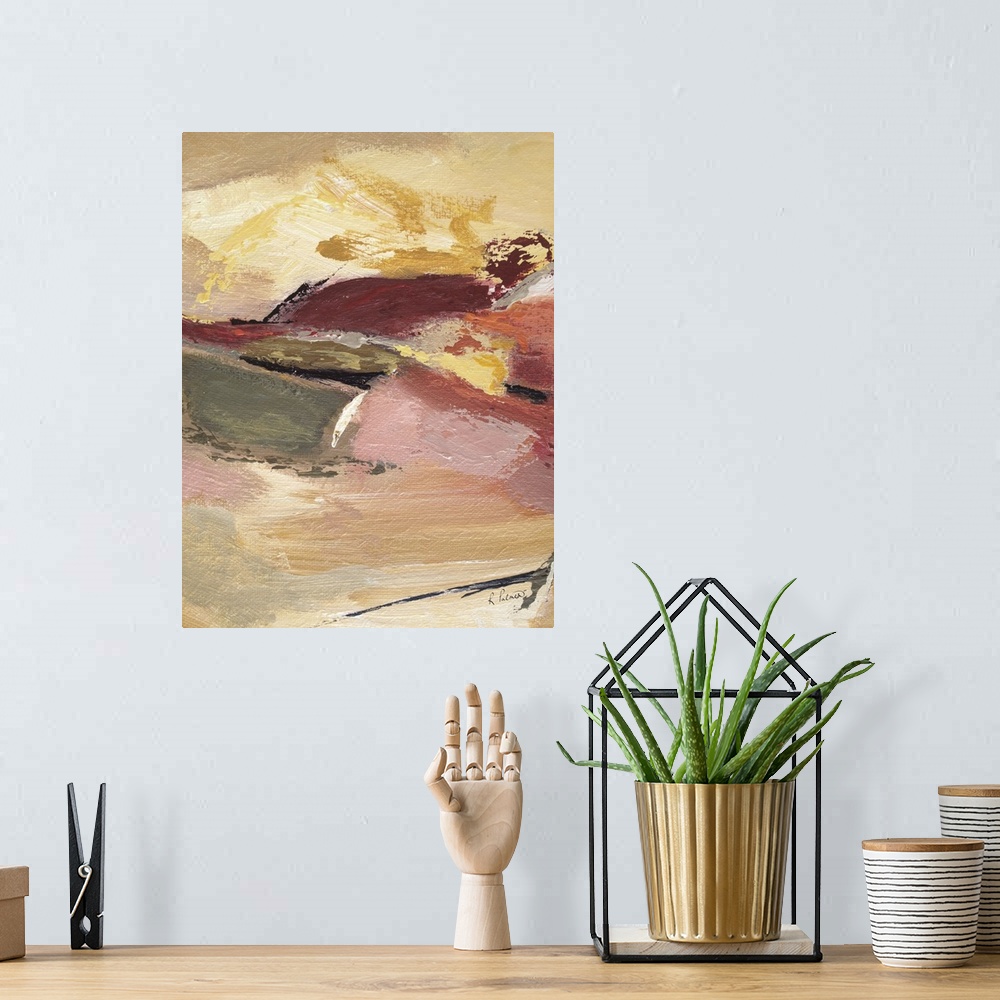 A bohemian room featuring Contemporary abstract artwork with flowing colors in yellow and rusty copper tones.