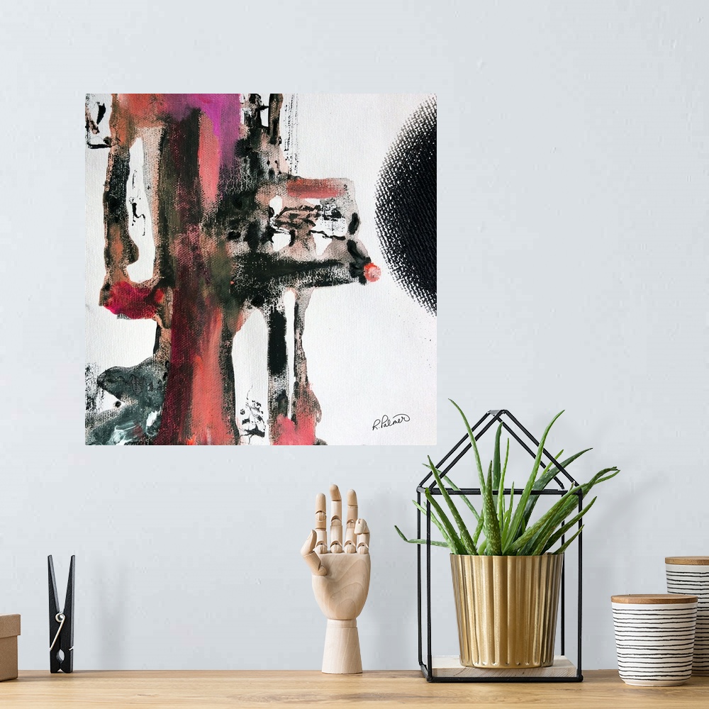 A bohemian room featuring Square abstract painting in shades of pink, red, black, and gray on a white background.