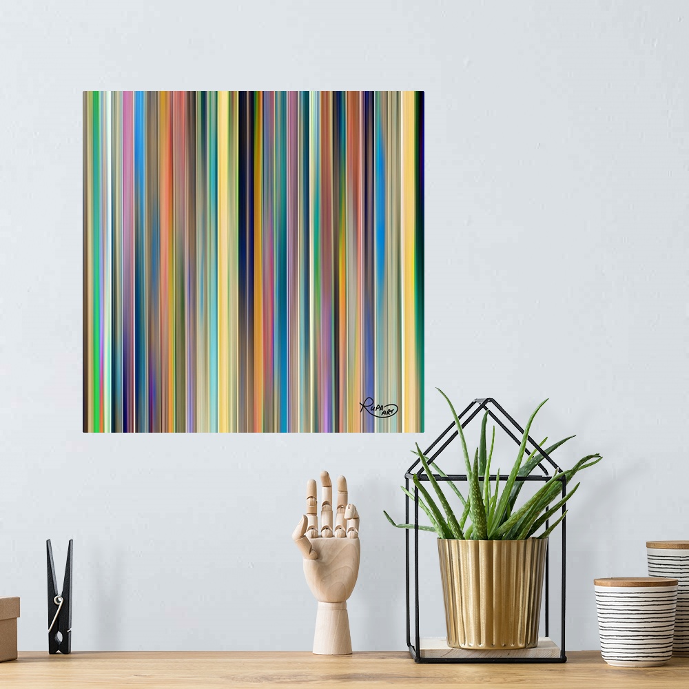 A bohemian room featuring Square abstract art with thin, colorful, vertical lines side by side.