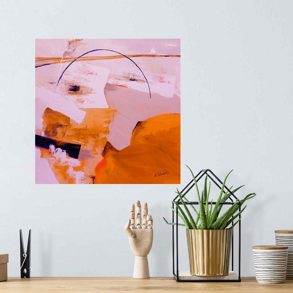 A bohemian room featuring Square abstract painting in shades of pink and orange with bold purple brushstrokes found through...