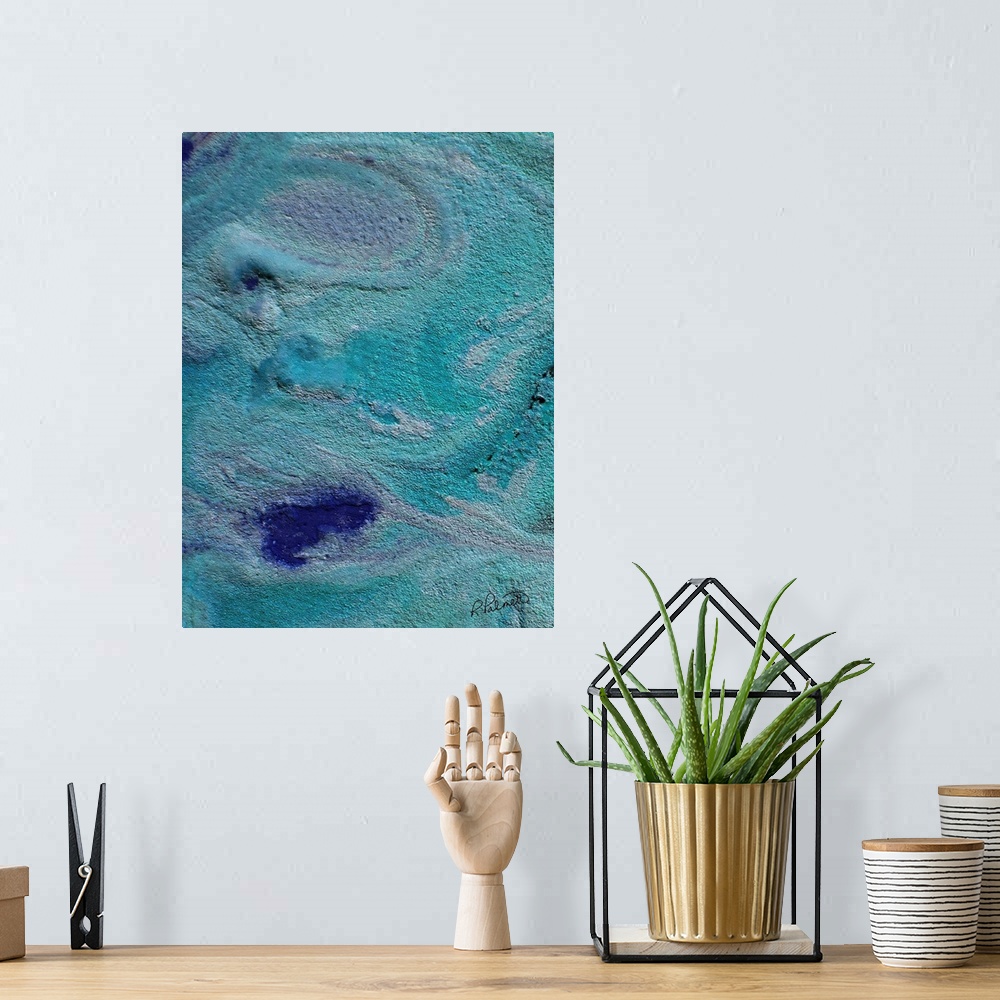 A bohemian room featuring Contemporary abstract painting using swirling teal and blue colors.