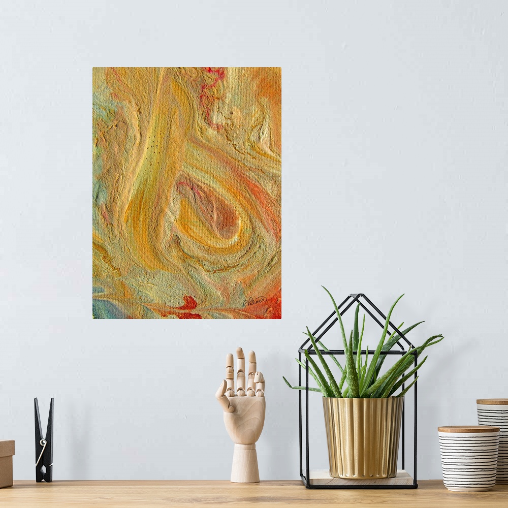 A bohemian room featuring Contemporary abstract painting using swirling pale yellow and orange paint.