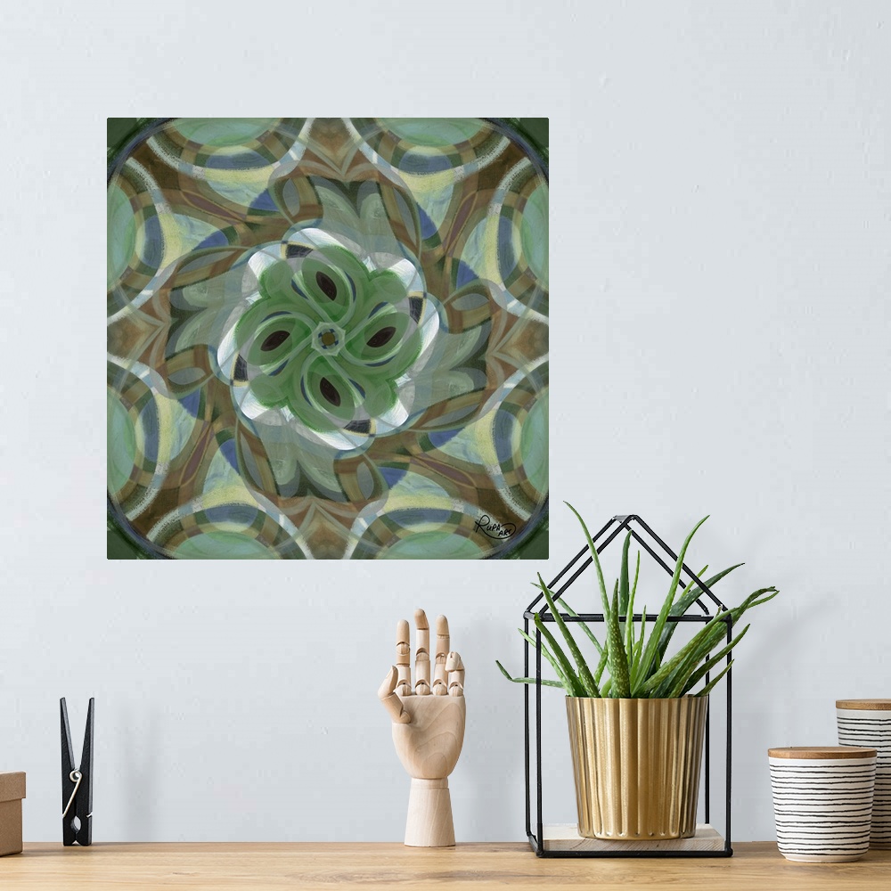 A bohemian room featuring Square abstract painting in a spirograph design in shades of green and brown.