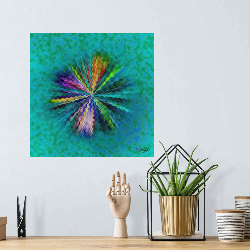 A bohemian room featuring Square abstract art with a wavy, colorful, lines forming together to create a bursting circle on ...