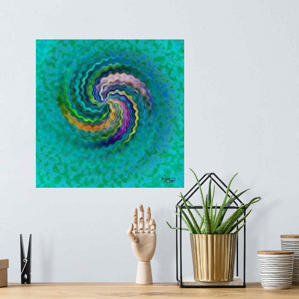A bohemian room featuring Square abstract art with a wavy, colorful, lines forming together to create a spiral on a green a...