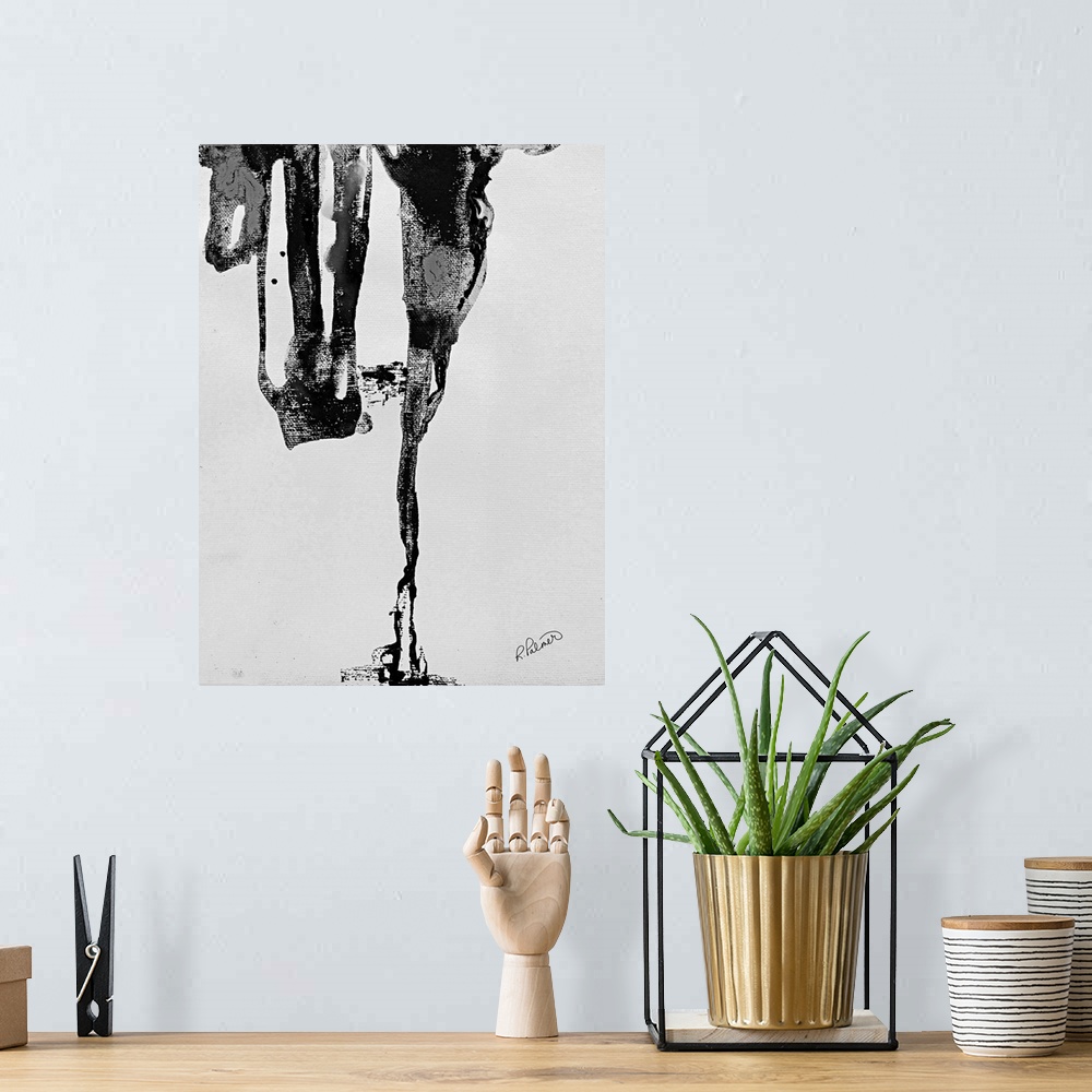 A bohemian room featuring Large black and white abstract painting with minimal brushstrokes that fall from the top to the b...