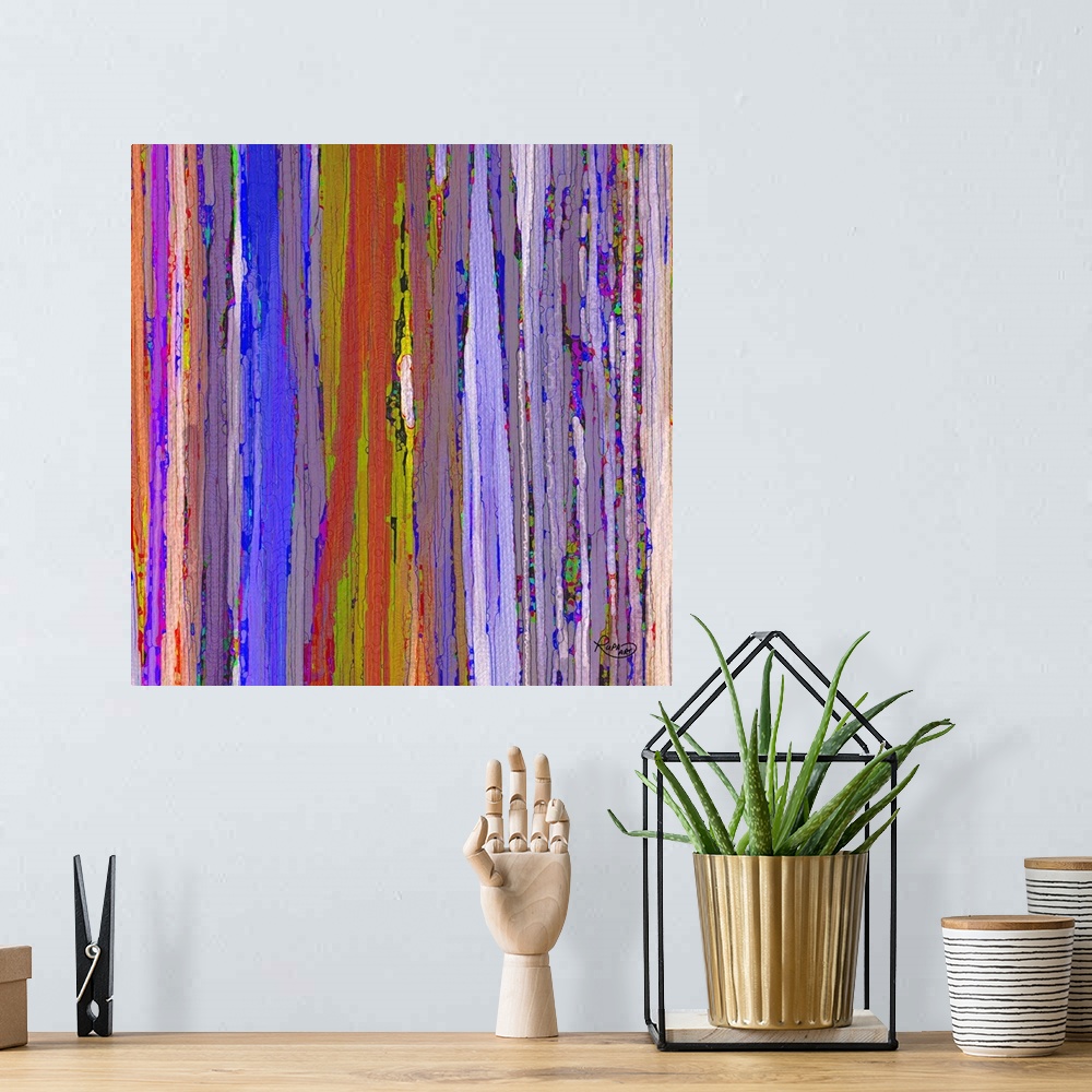 A bohemian room featuring Square abstract art with cracked, cool toned, vertical lines side by side.