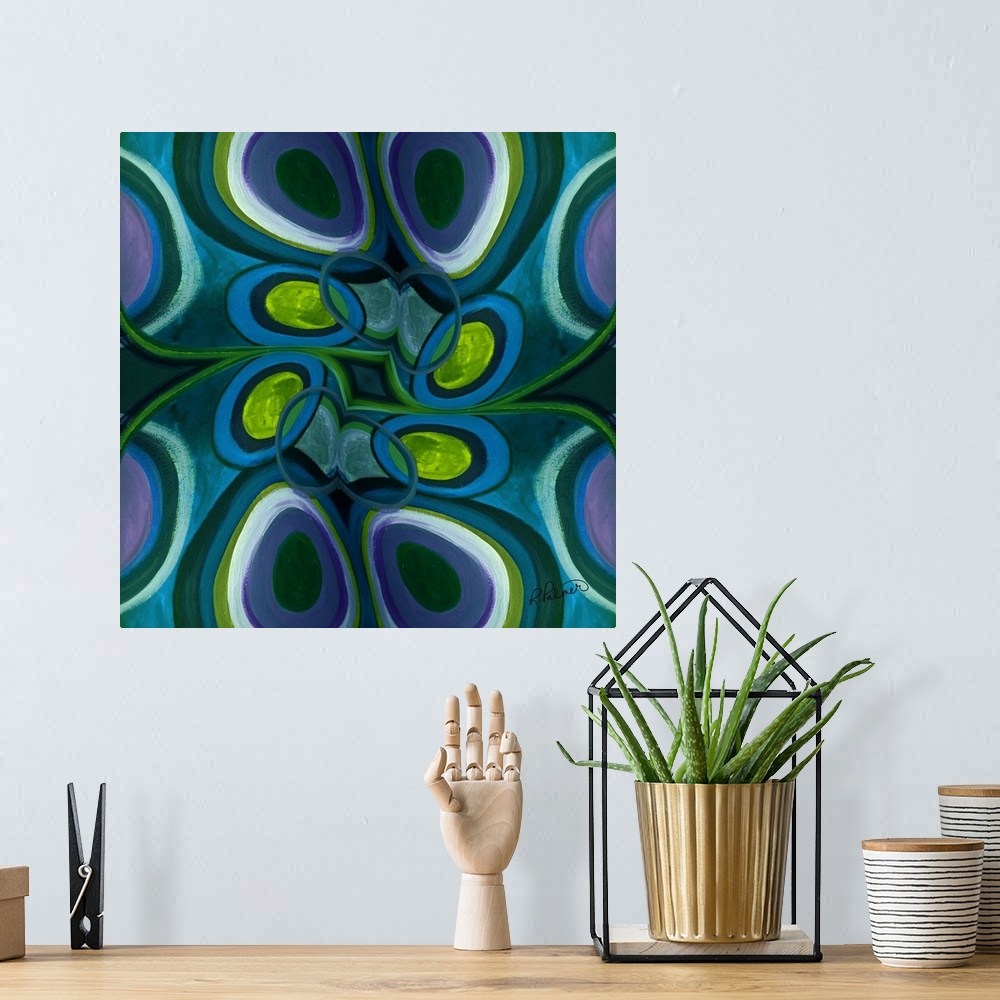 A bohemian room featuring Square abstract painting with circular style shapes in shades of blue, green and purple.