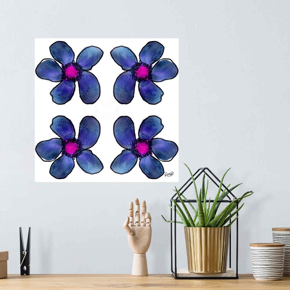 A bohemian room featuring Square watercolor painting of four blue flowers.