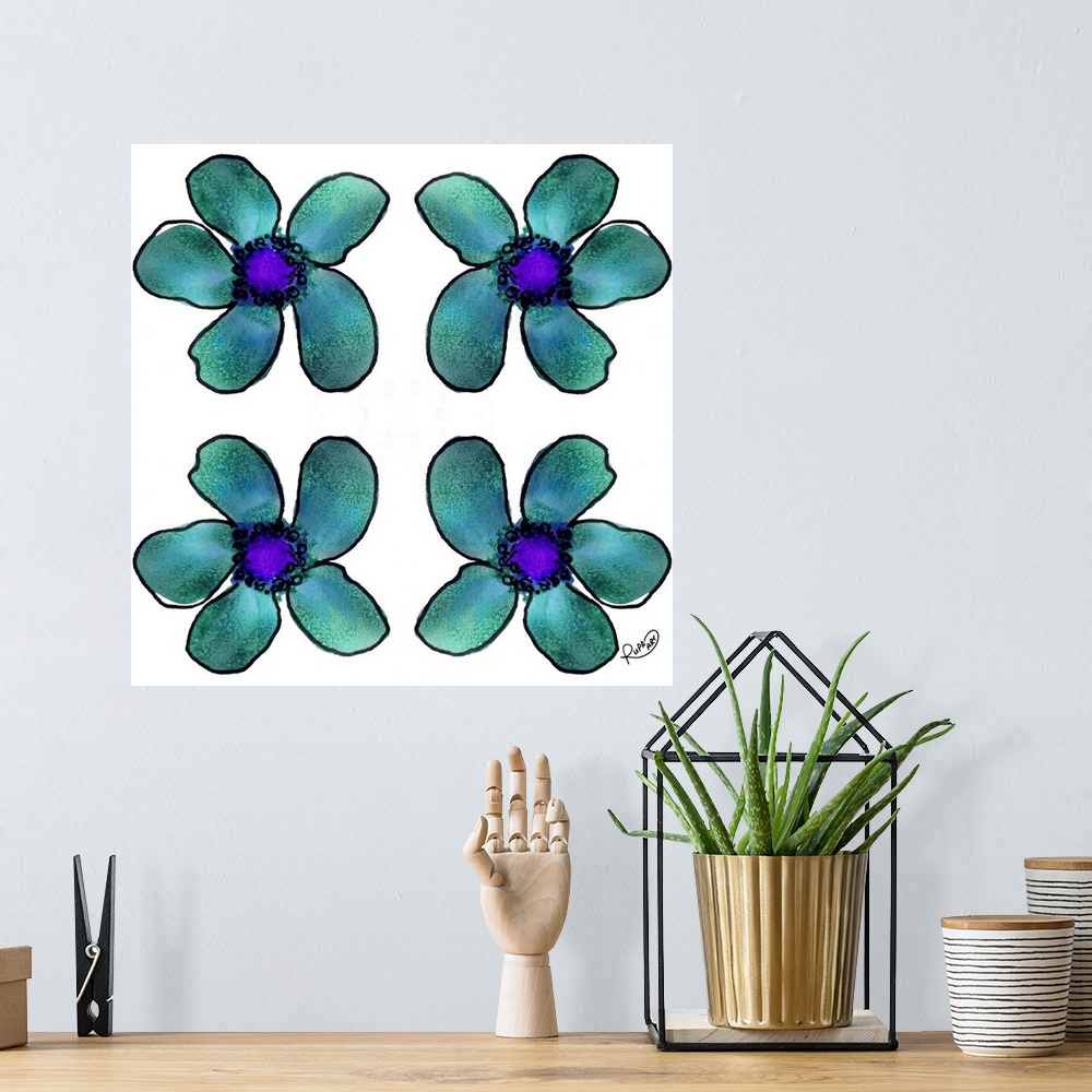 A bohemian room featuring Square watercolor painting of four teal flowers.