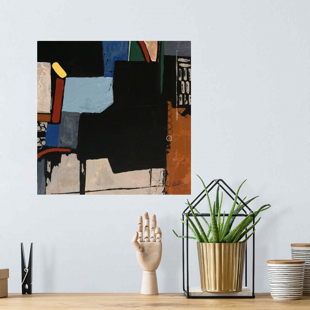 A bohemian room featuring Square abstract painting with muted and neutral colored shapes mixed with a few colorful shapes a...
