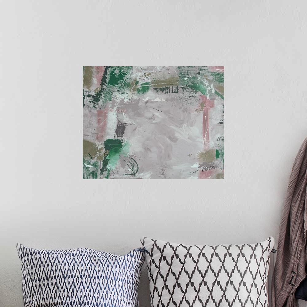 A bohemian room featuring Abstract painting with muted hues of green, pink, purple, and grey.