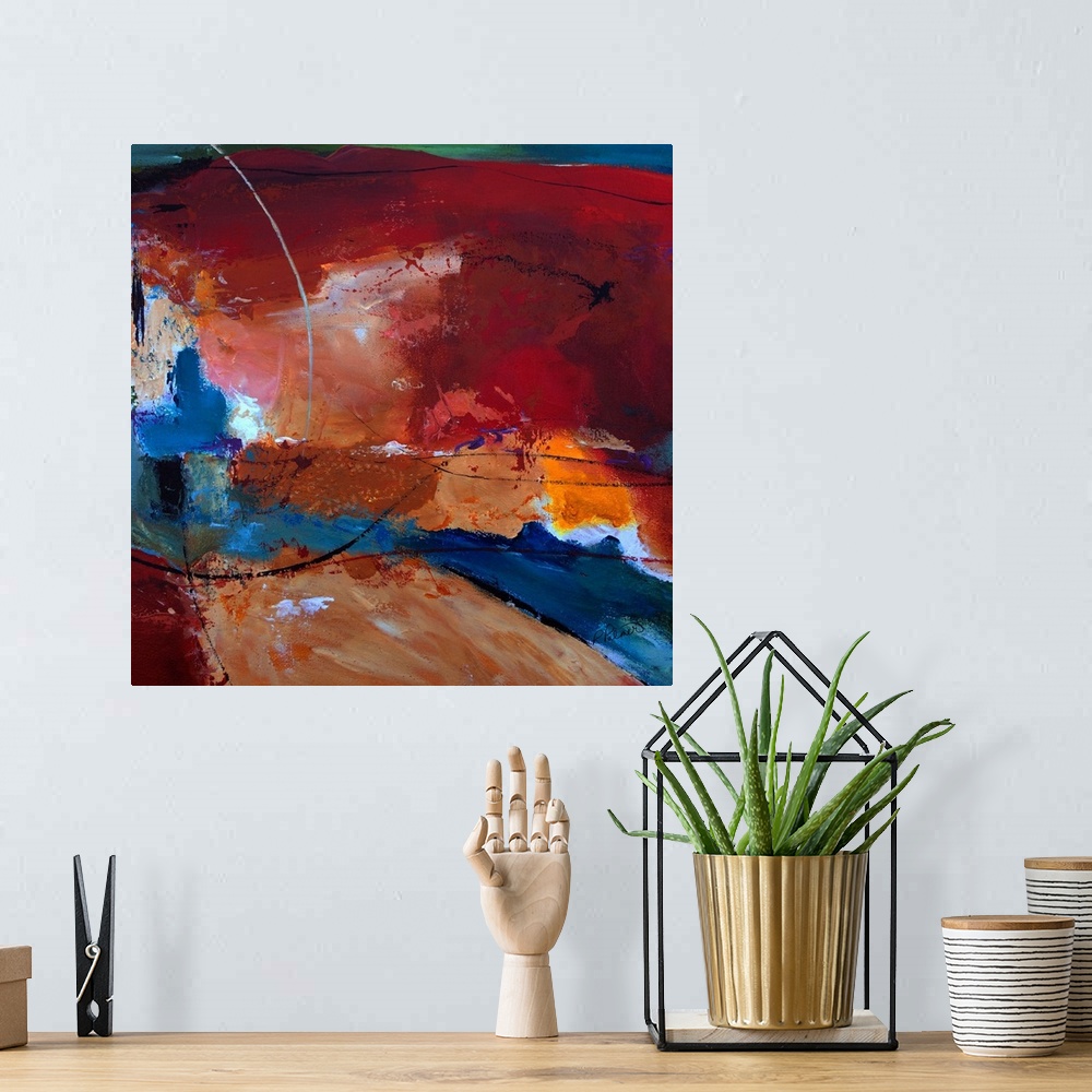 A bohemian room featuring Deep square abstract painting in shades of blue, red, orange, and brown with sporadic, thin, blac...