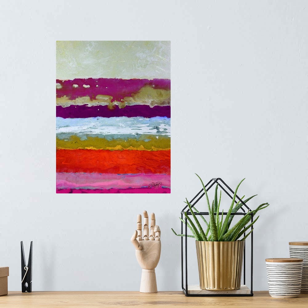 A bohemian room featuring Bright abstract painting with thick horizontal brushstrokes in shades of pink, purple, blue, yell...