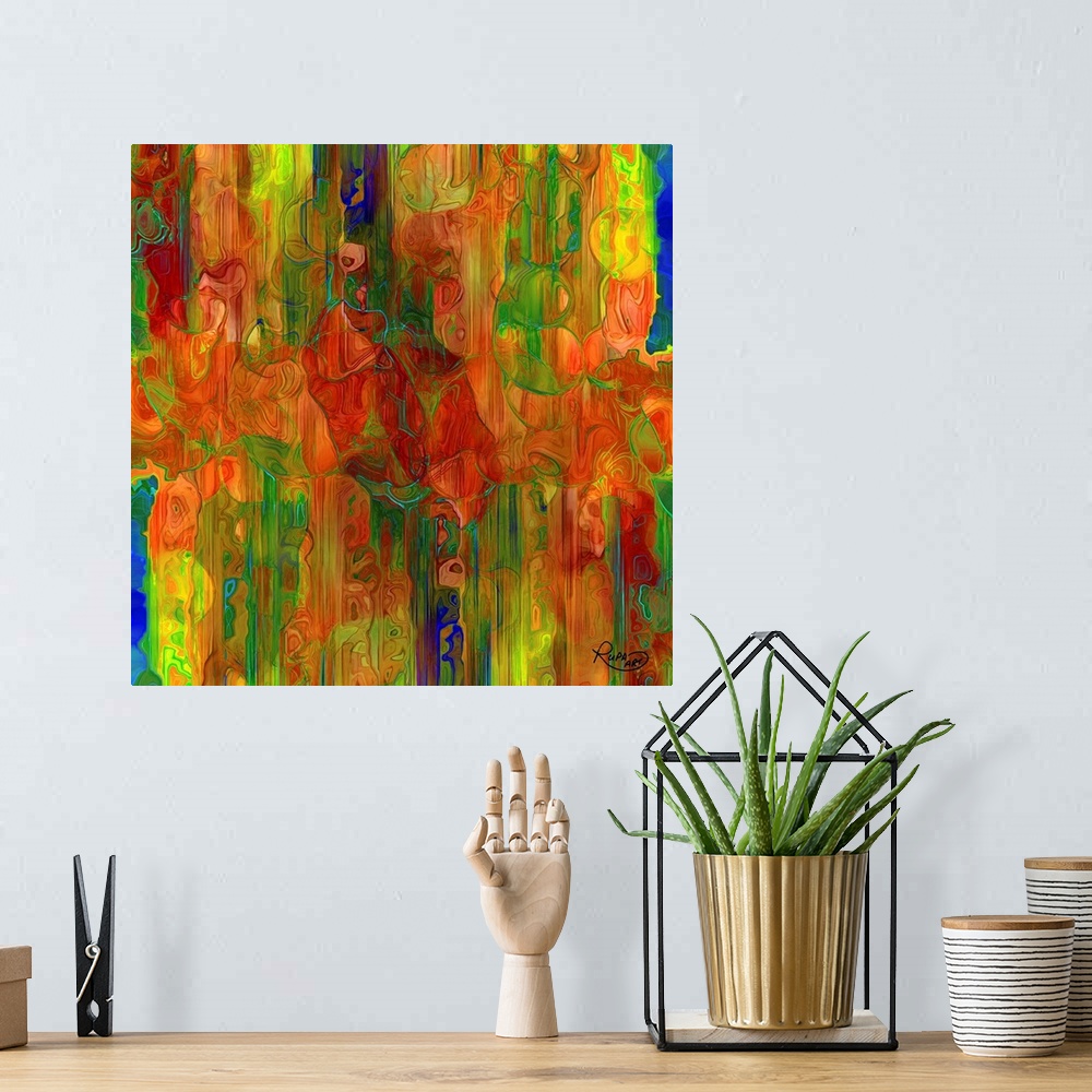 A bohemian room featuring Square abstract art with vertical lines of color and thin lines on top creating a unique design.