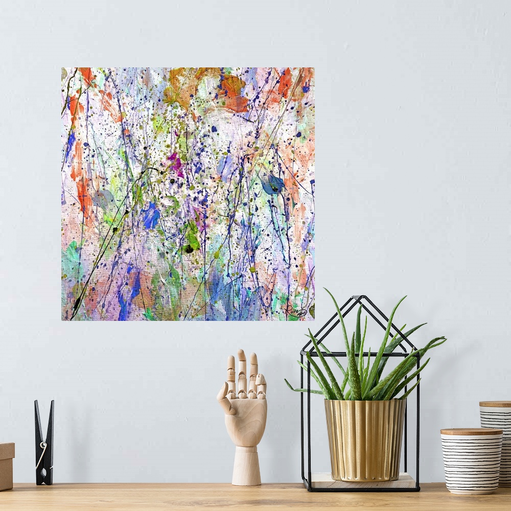 A bohemian room featuring Modern square painting in an abstract expressionist style over pastel colors such as purple, gree...