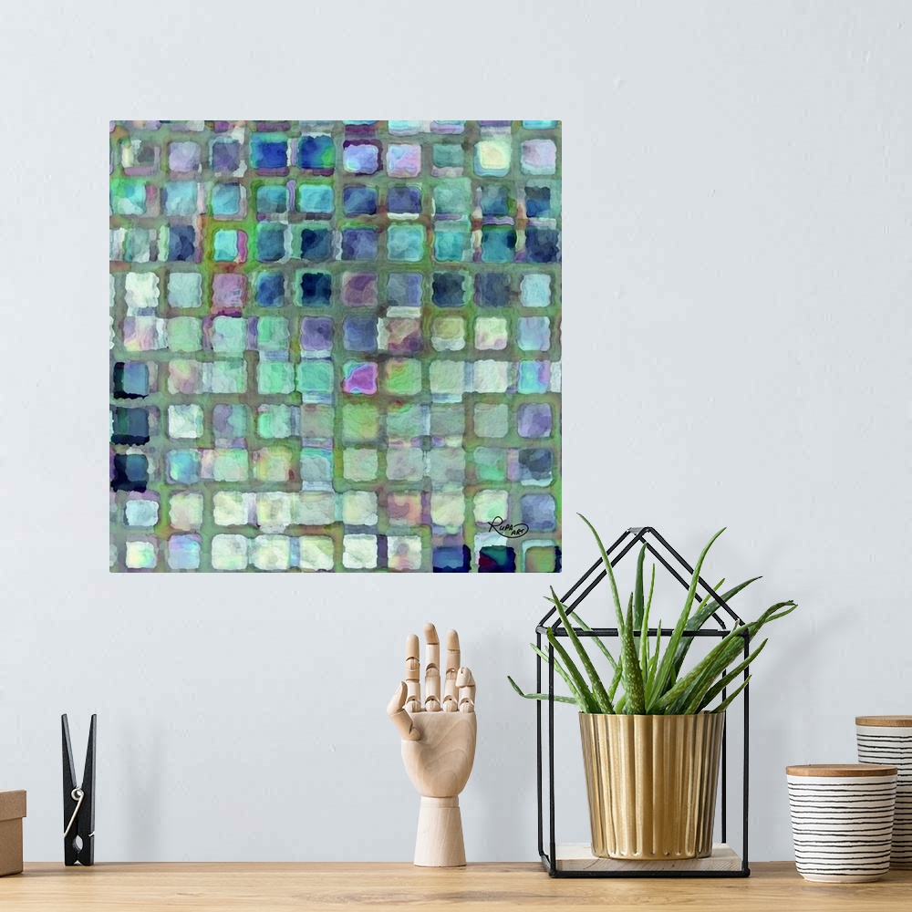 A bohemian room featuring Square abstract art that has a cool toned square pattern creating a tiled look.