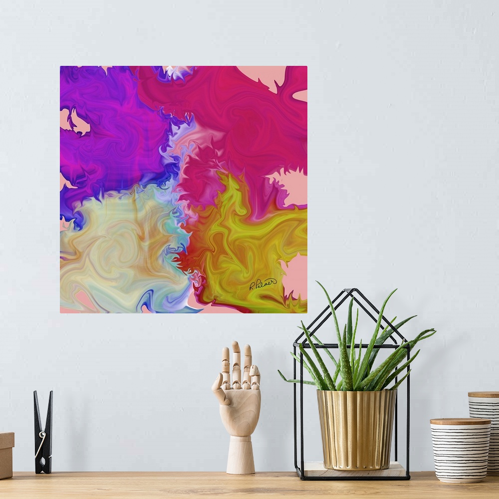 A bohemian room featuring A square image of multi-colored blurred shapes bleeding together.