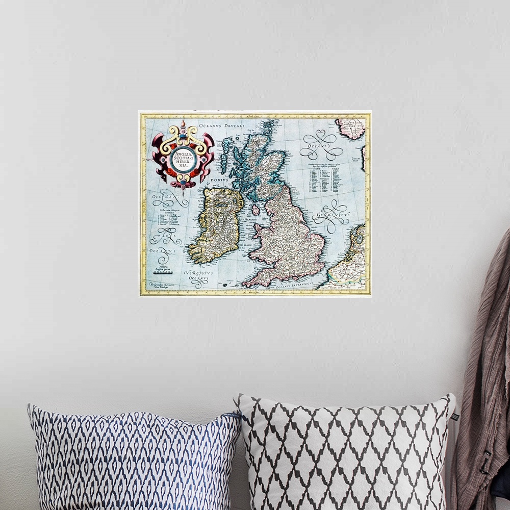 A bohemian room featuring British Isles, 16th century Dutch map. This shows England, Scotland, Wales and Ireland, though Ir...