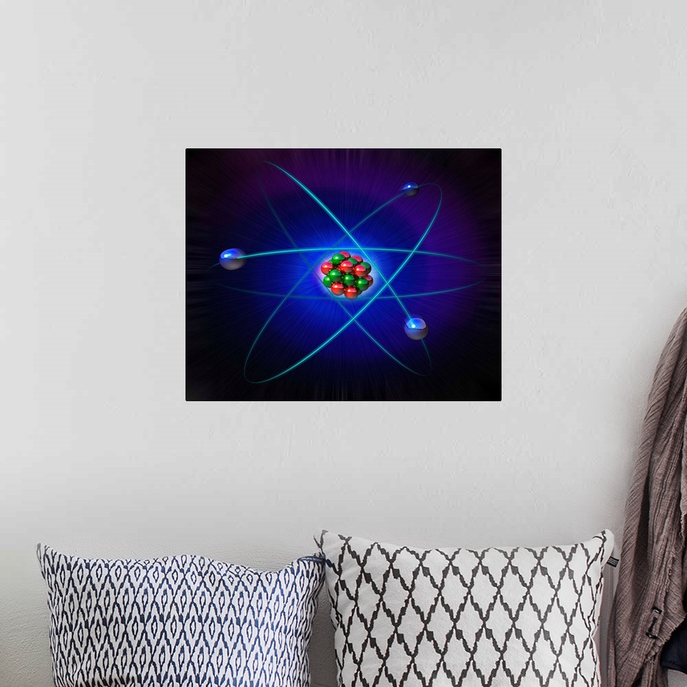 A bohemian room featuring Atomic structure. Conceptual computer artwork of atomic structure. Three electrons (blue) are see...