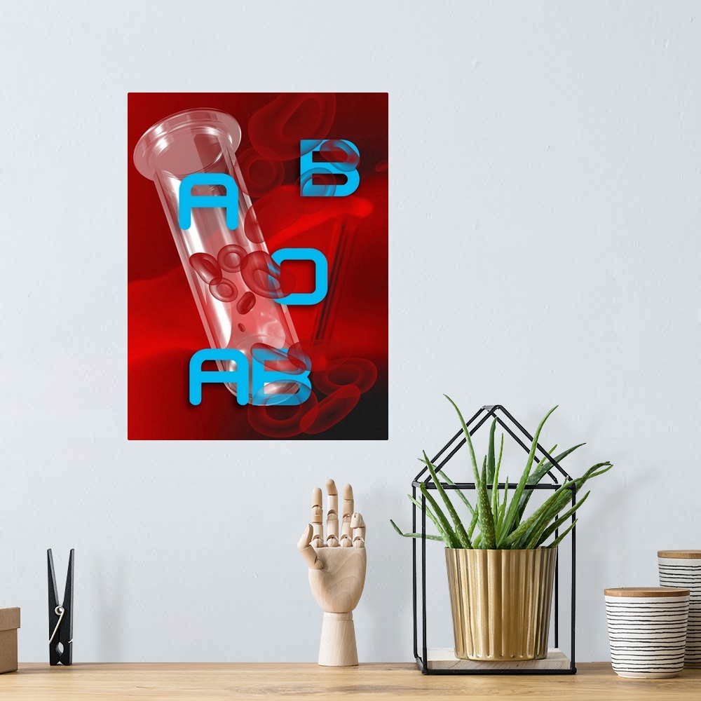 A bohemian room featuring Blood types, conceptual image. Computer artwork of a test tube containing red blood cells, with t...