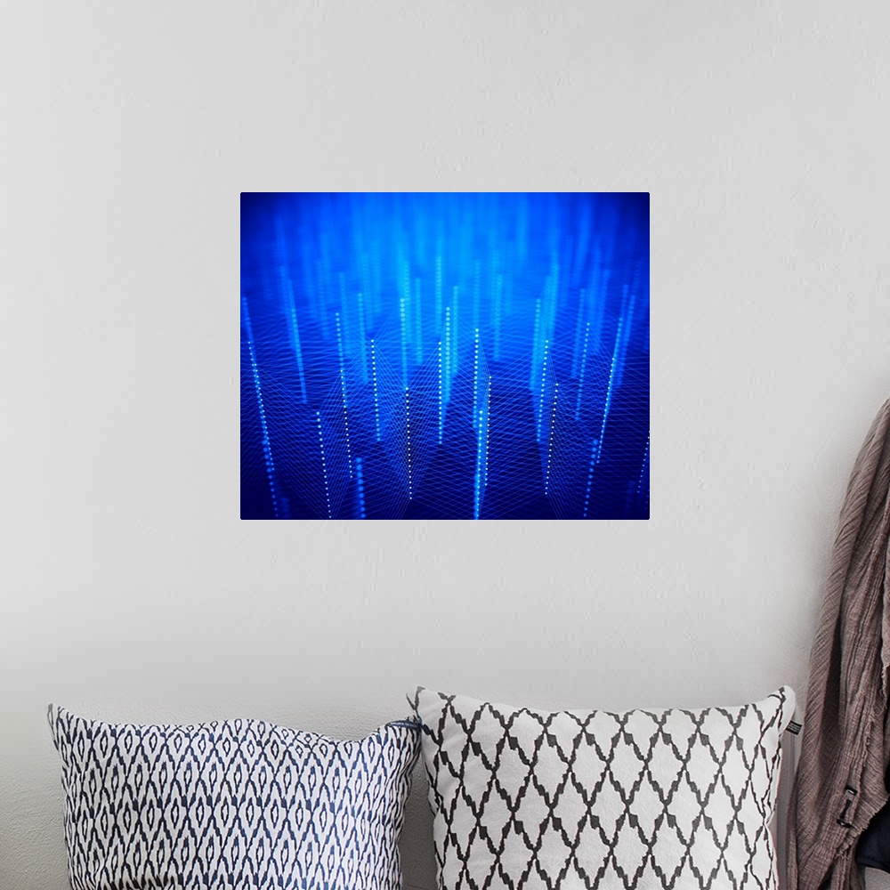 A bohemian room featuring Blue connections, abstract illustration.