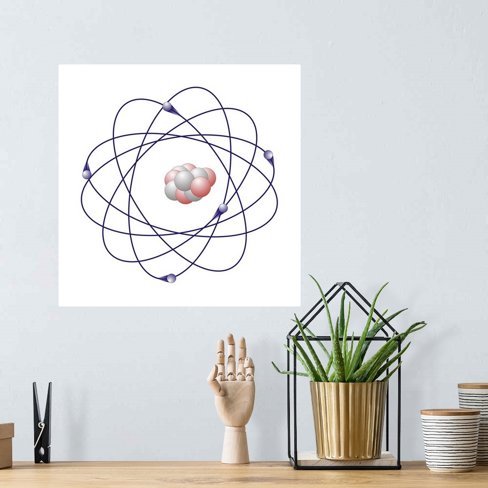 A bohemian room featuring Boron, atomic model. Boron has six neutrons (white) and five protons (pink) in its nucleus (centr...