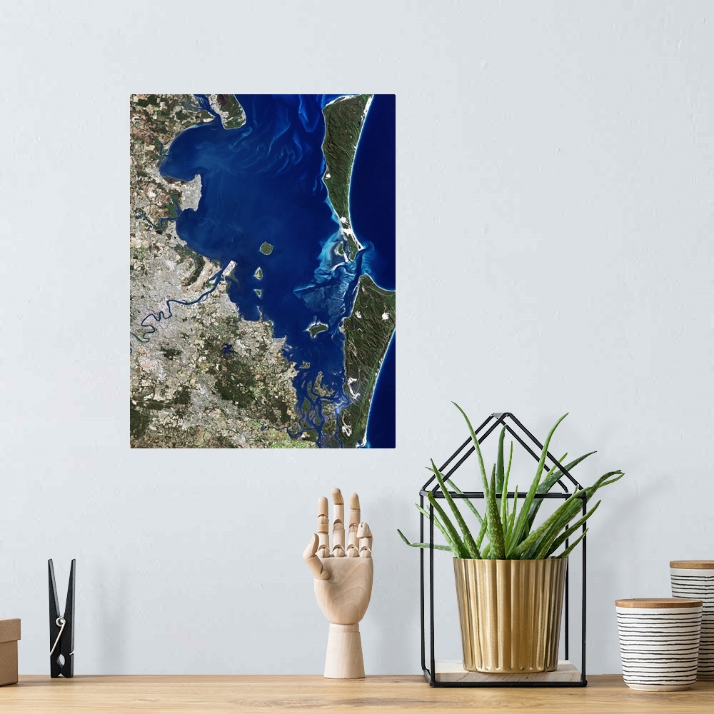 A bohemian room featuring Brisbane, Australia, satellite image. North is at top, water is blue, shallow coastal areas are l...
