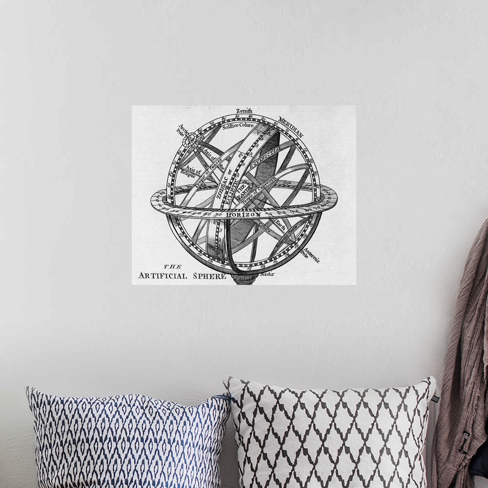 A bohemian room featuring Armillary sphere. 18th century engraving of an armillary sphere, here termed an 'artificial spher...