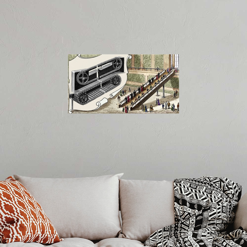 A bohemian room featuring Early escalator. Historical artwork of the design of a proposed 19th-century escalator. This earl...