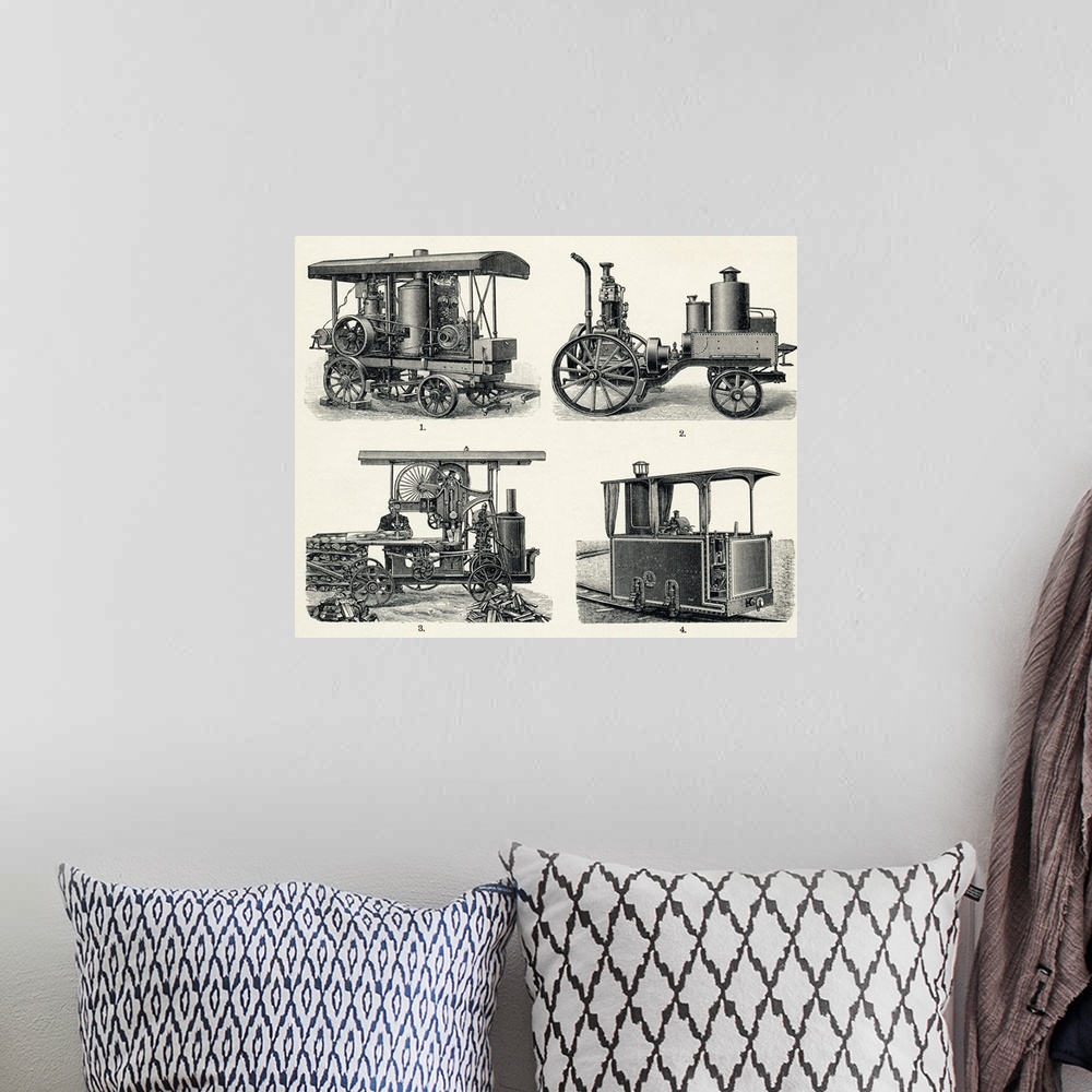 A bohemian room featuring Early petrol engine. Historical artwork of early designs for an electrical generator (top left) a...