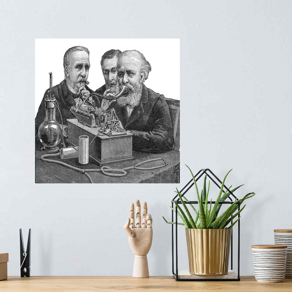 A bohemian room featuring Early telephone. Historical artwork of three men gathered around an early telephone. The man at r...