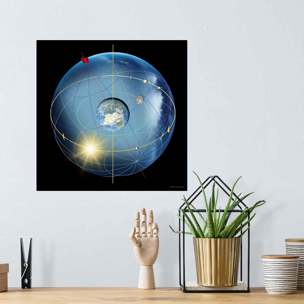 A bohemian room featuring Earth's rotation. Computer artwork of the Earth, showing its rotation and the apparent movement o...