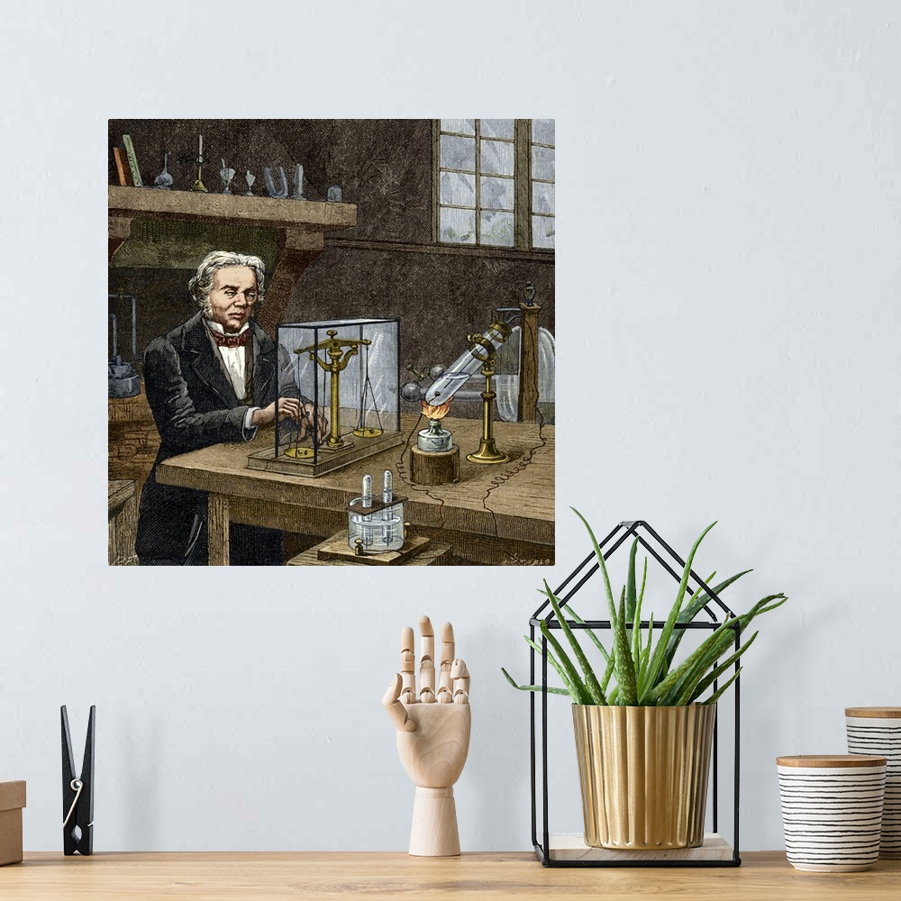 A bohemian room featuring Faraday's electrolysis experiment. Historical artwork of British chemist and physicist Michael Fa...