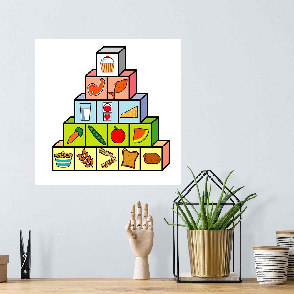 A bohemian room featuring Food pyramid. Computer artwork of a food pyramid, showing a balanced diet. The pyramid shows what...