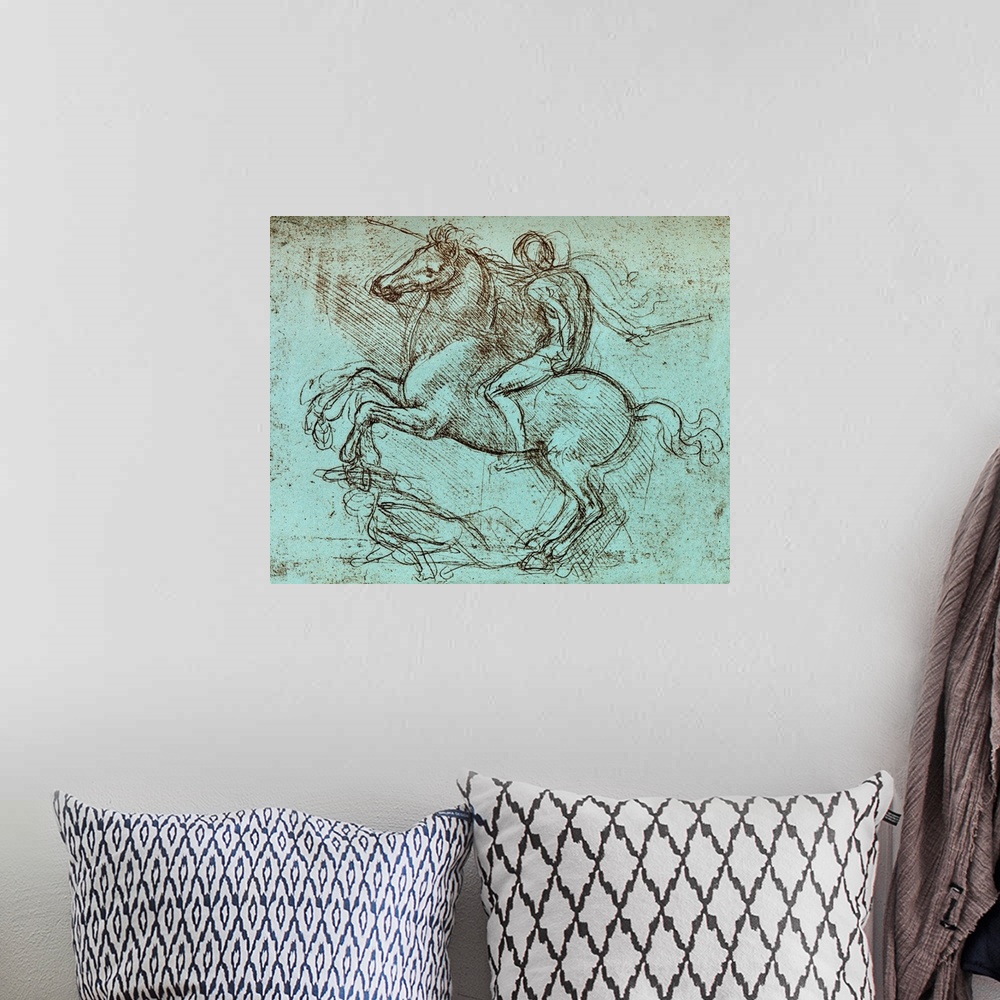 A bohemian room featuring Franscsco Sforza, military leader. Historical artwork of a rider on a rearing horse by the Italia...