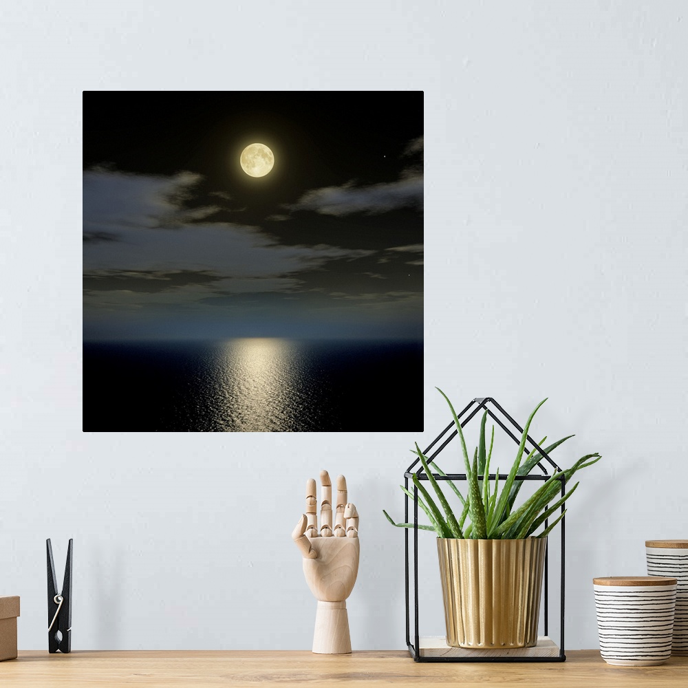 A bohemian room featuring Full moon over the sea.