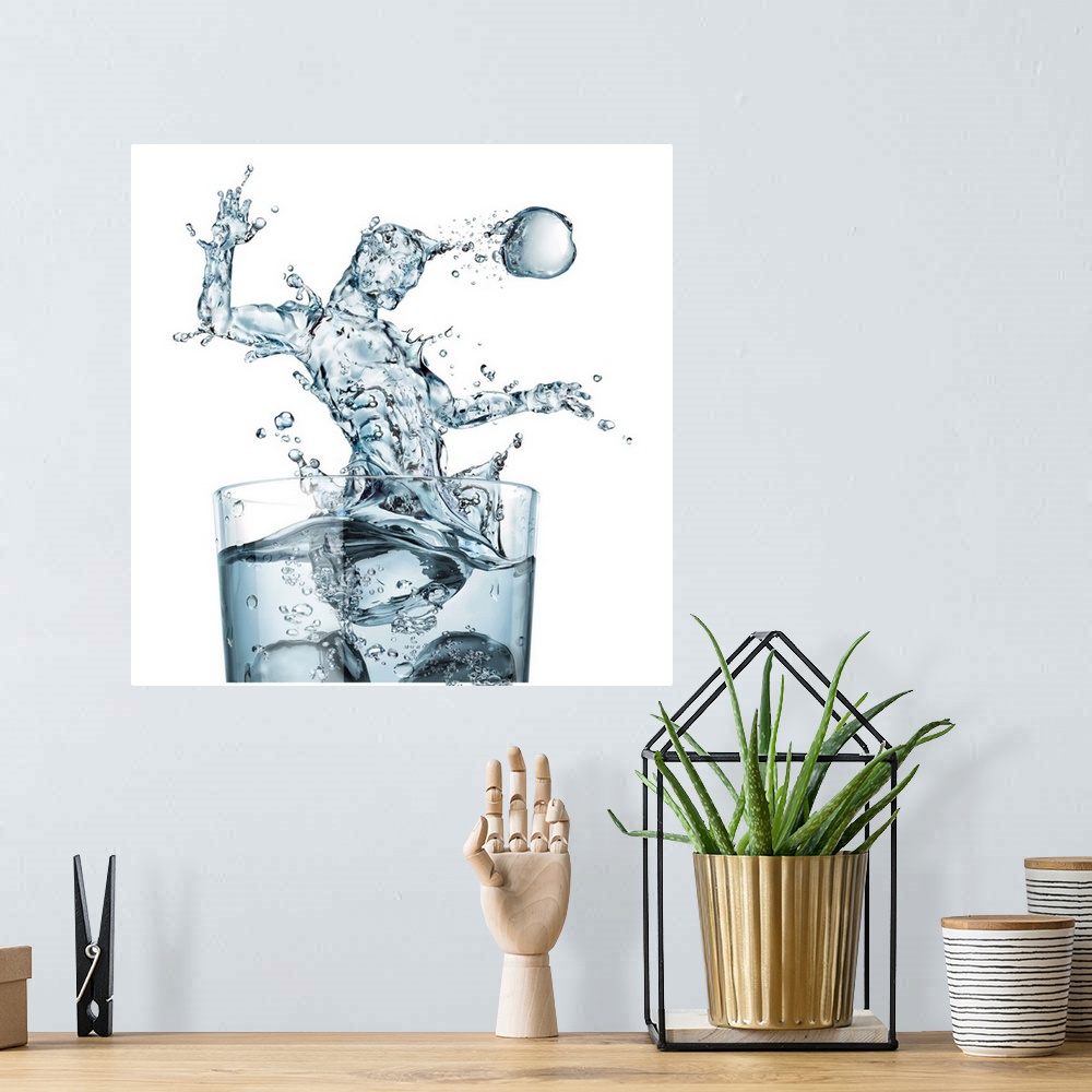 A bohemian room featuring Glass of water and splashes, computer illustration.