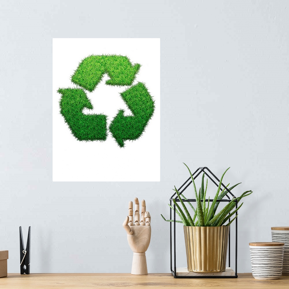 A bohemian room featuring Recycling logo made from grass, computer illustration.