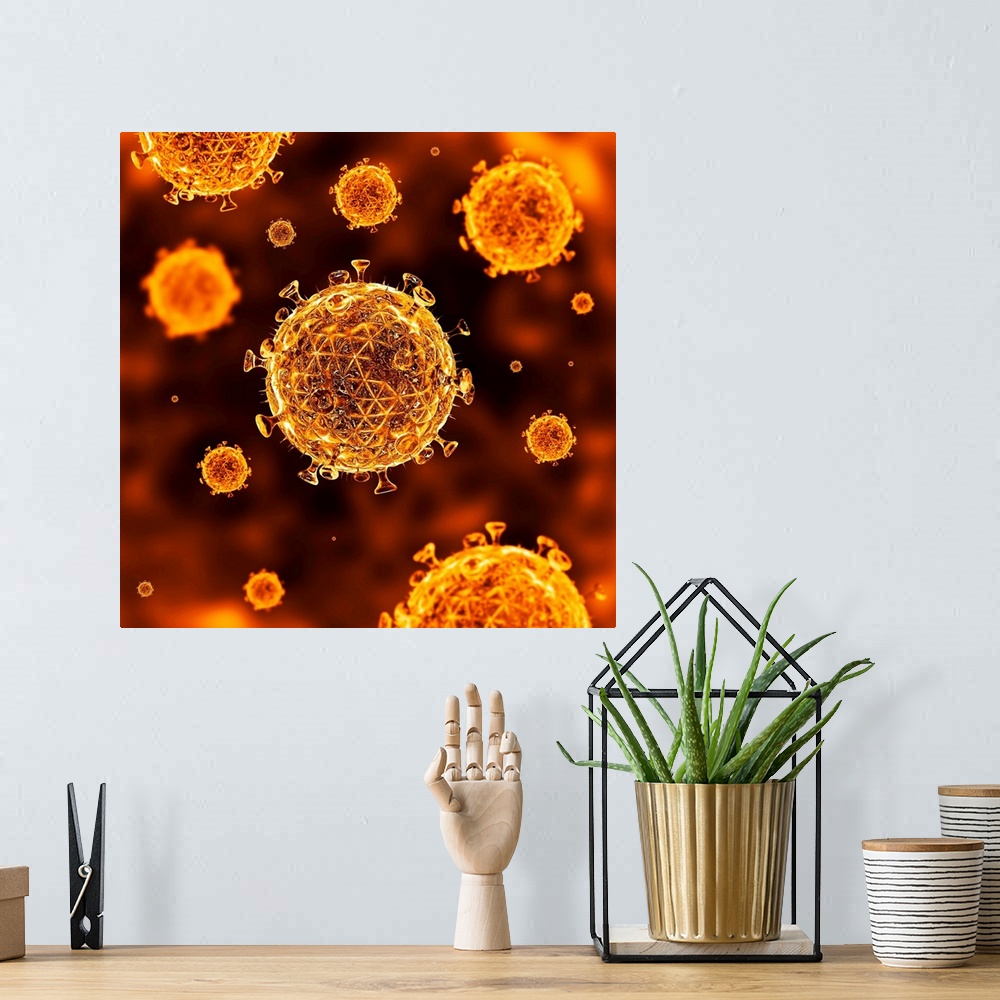 A bohemian room featuring HIV virus particles, computer artwork. Each particle (virion) consists of RNA (ribonucleic acid) ...