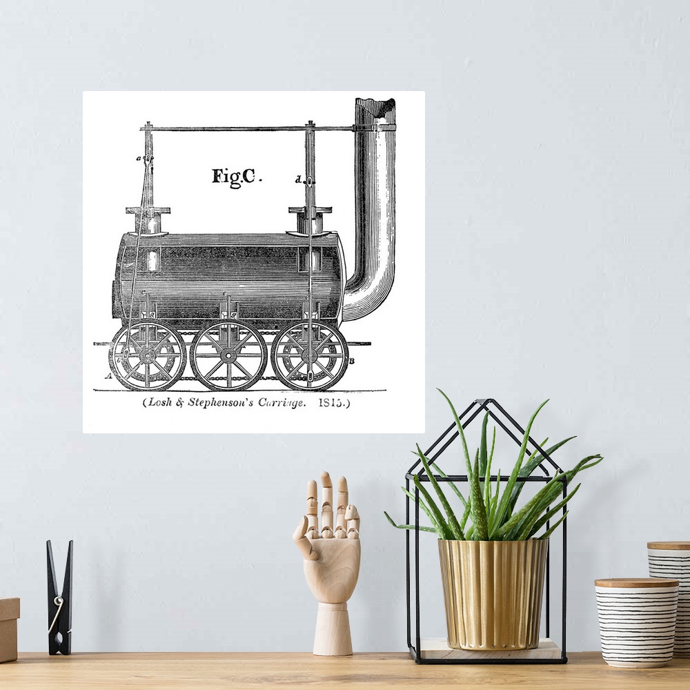 A bohemian room featuring Losh and Stephenson's carriage. Historical artwork of a steam locomotive patented in 1815 by engi...