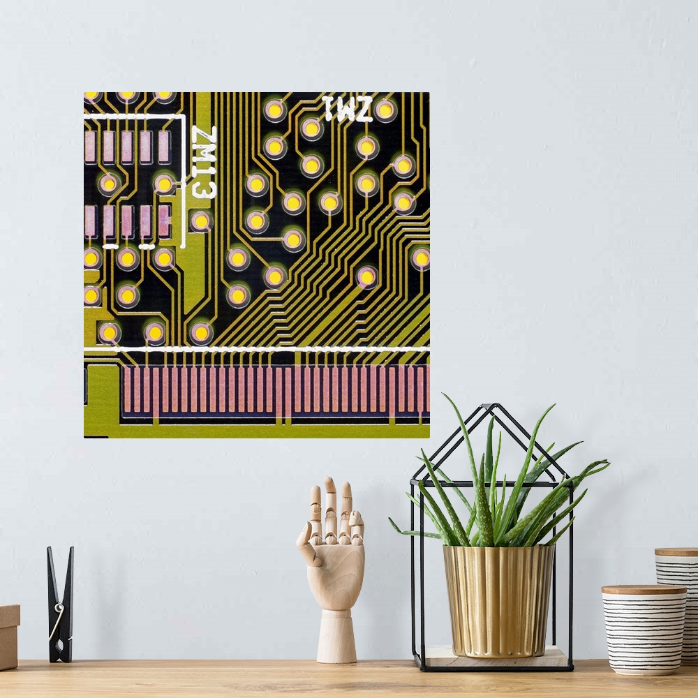 A bohemian room featuring Macrophotograph of the surface of a printed circuit board. The olive green areas are copper condu...