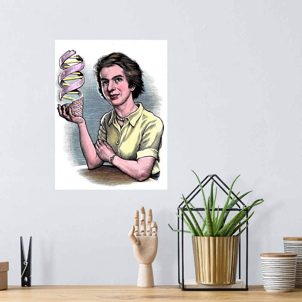 A bohemian room featuring Rosalind Franklin (1920-1958), British chemist and X-ray crystallographer, holding a model of DNA...