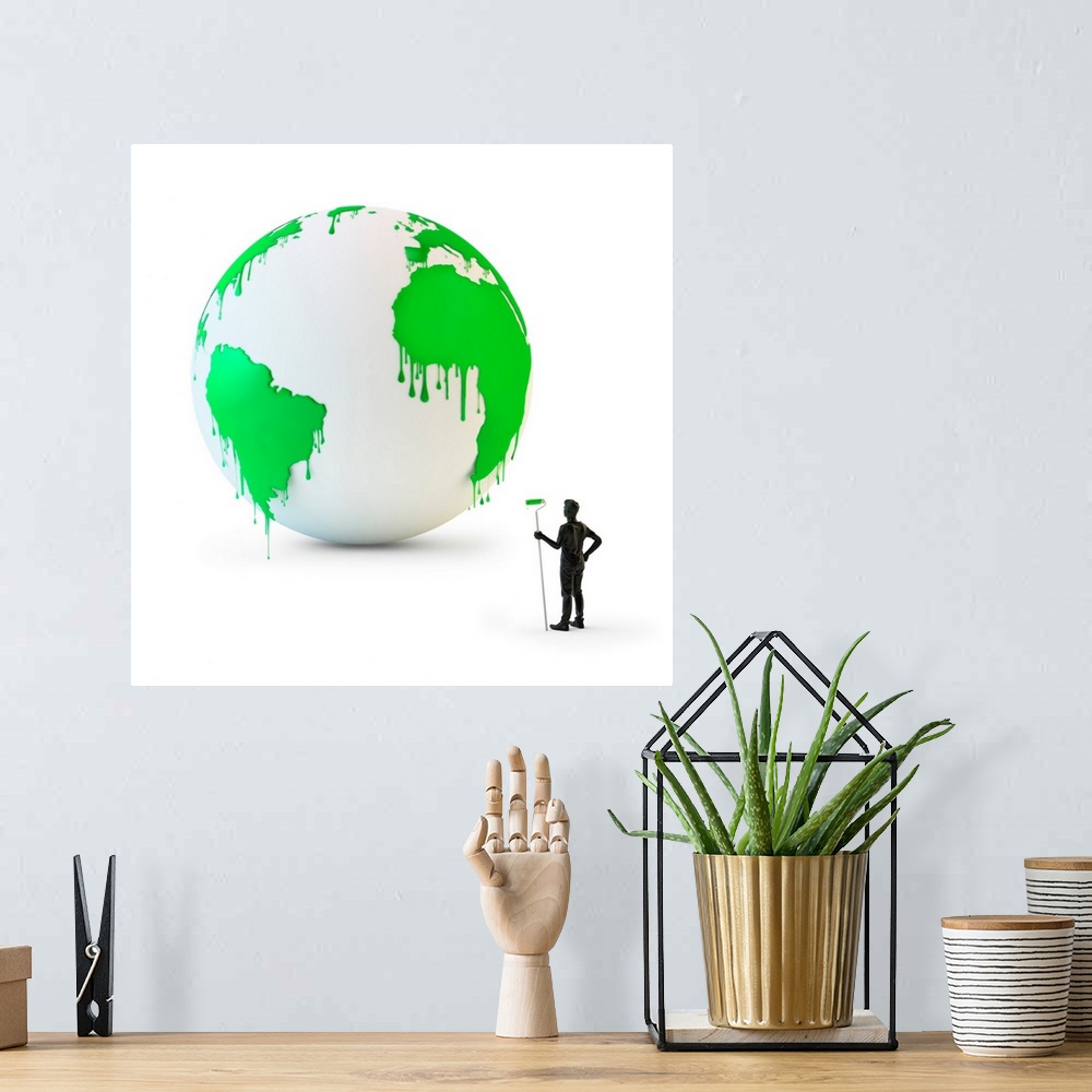 A bohemian room featuring Wet green paint dripping from the globe, illustration.