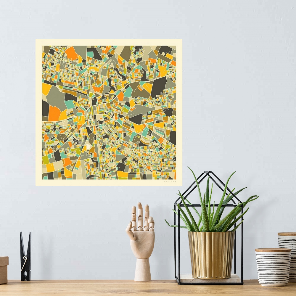 A bohemian room featuring Colorfully illustrated aerial street map of Lusaka, Zambia on a square background.