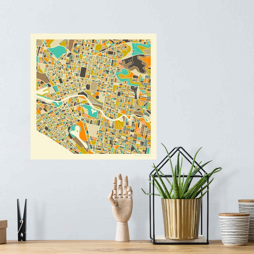 A bohemian room featuring Colorfully illustrated aerial street map of Melbourne, Australia on a square background.
