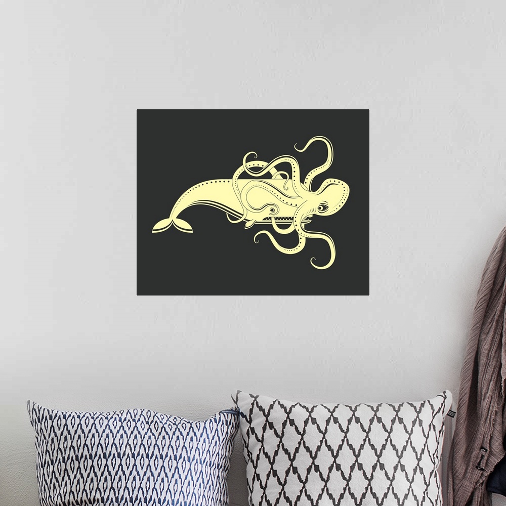 A bohemian room featuring Illustration of a large octopus attached to a whales face, in cream and black.