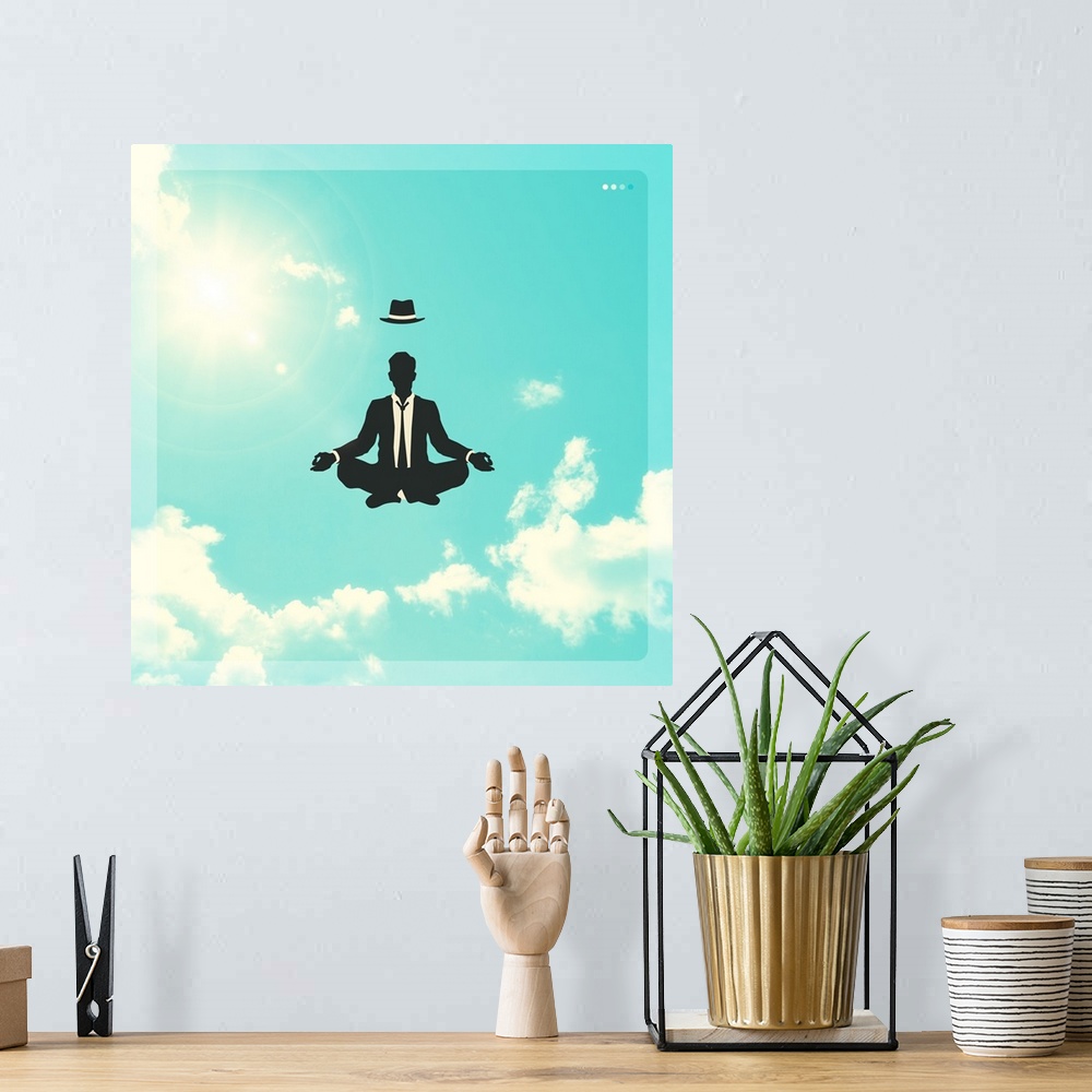 A bohemian room featuring Conceptual illustration of a man in black and white meditating while floating in the bright, clou...
