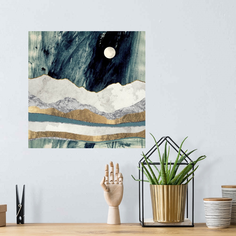 A bohemian room featuring Abstract depiction of a landscape with mountains, gold, ivory and grey.