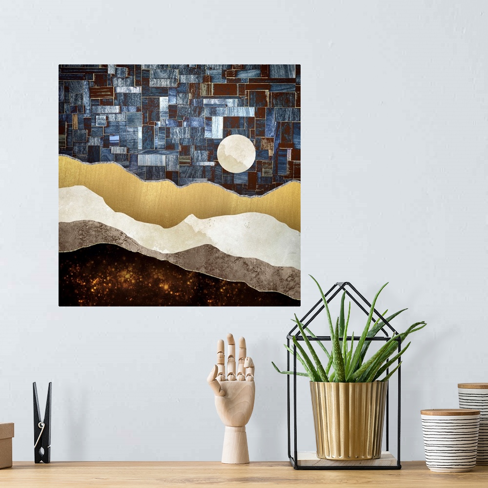 A bohemian room featuring Abstract depiction of a landscape with a geometric sky, blue and copper.